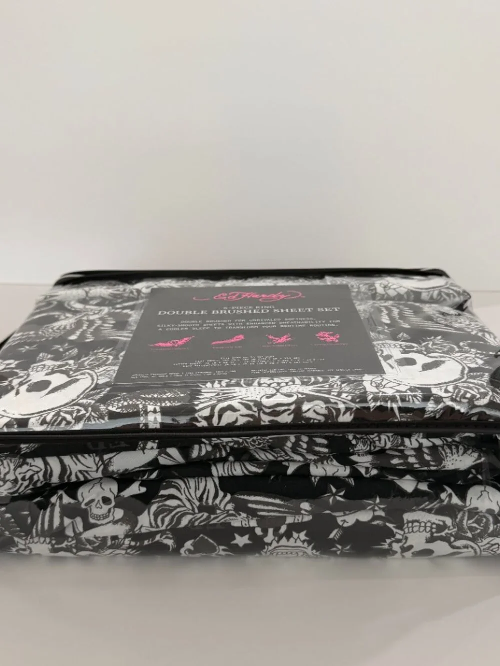 Ed Hardy King Sheet Set 6 Piece Double Brushed Black White Skull Tiger Tattoo